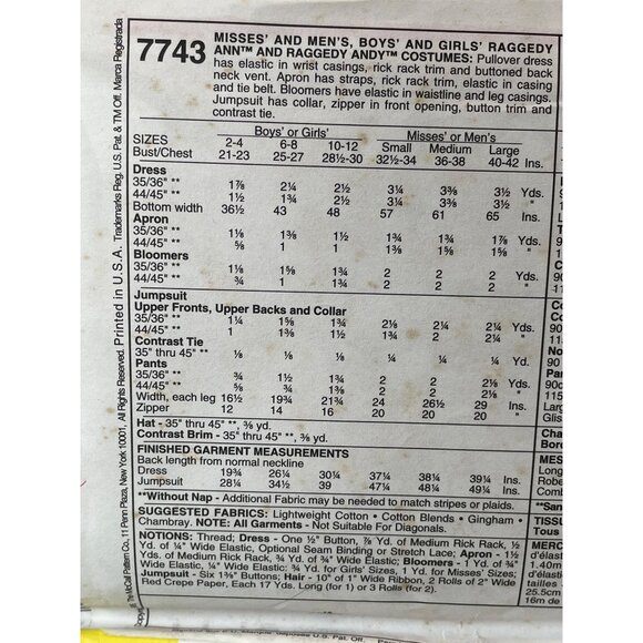 McCalls  Sewing Pattern 7743 Costumes Raggedy Ann Andy Sizes 32.5-34 bust/chest - Picture 2 of 2